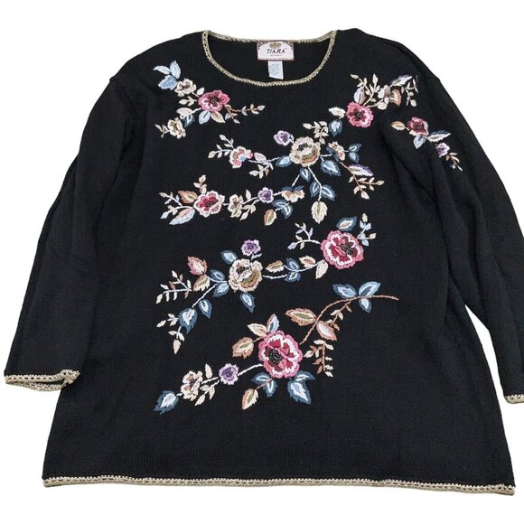 Tiara Sweater Women 18-20 2XL Black‎ Pink Multi 3D Floral Cotton Ramie 80s VTG - Picture 1 of 11